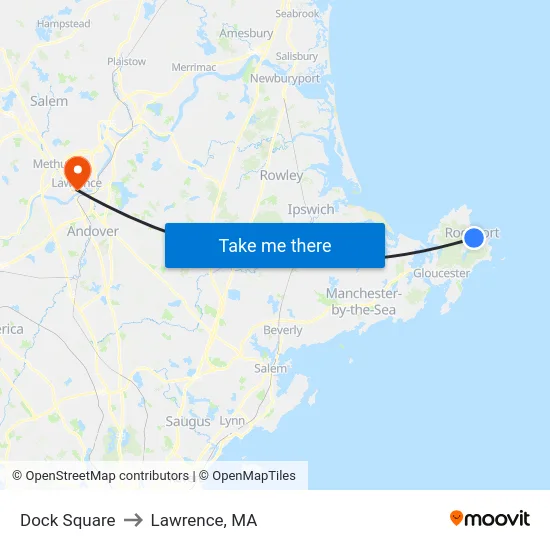 Dock Square to Lawrence, MA map