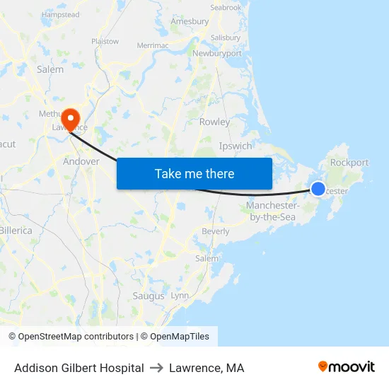 Addison Gilbert Hospital to Lawrence, MA map