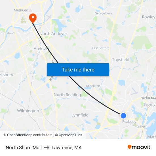 North Shore Mall to Lawrence, MA map