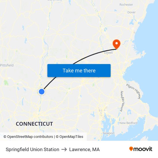 Springfield Union Station to Lawrence, MA map