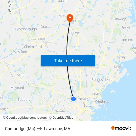 Cambridge (Ma) to Lawrence, MA map