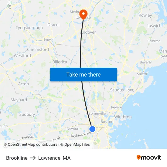 Brookline to Lawrence, MA map