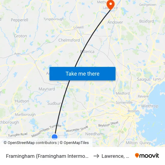 Framingham (Framingham Intermodal) to Lawrence, MA map