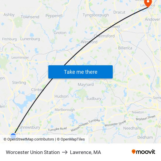 Worcester Union Station to Lawrence, MA map