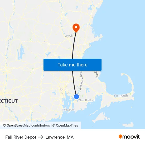Fall River Depot to Lawrence, MA map