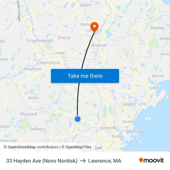 33 Hayden Ave (Novo Nordisk) to Lawrence, MA map
