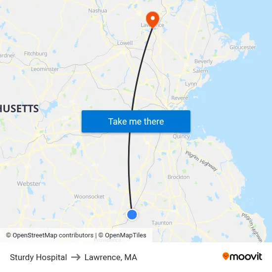 Sturdy Hospital to Lawrence, MA map