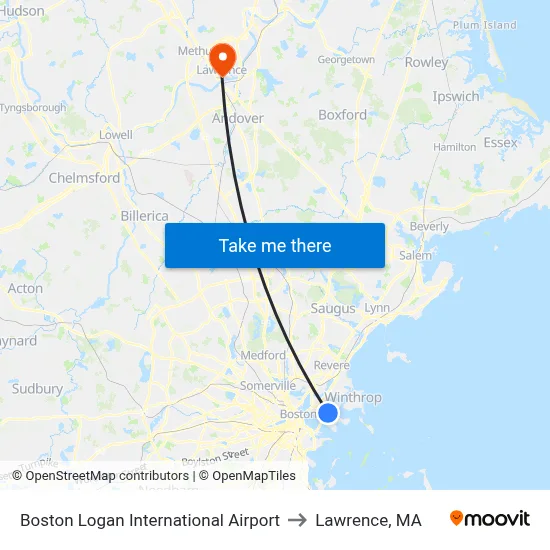 Boston Logan International Airport to Lawrence, MA map