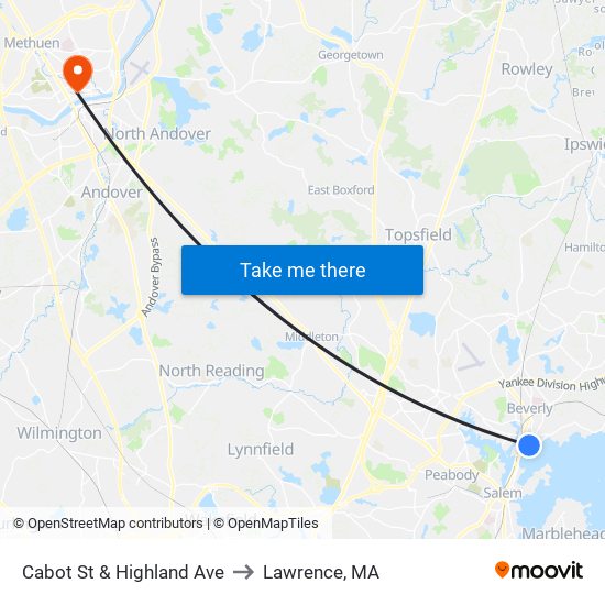 Cabot St & Highland Ave to Lawrence, MA map