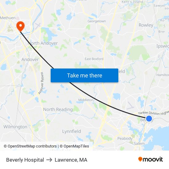 Beverly Hospital to Lawrence, MA map