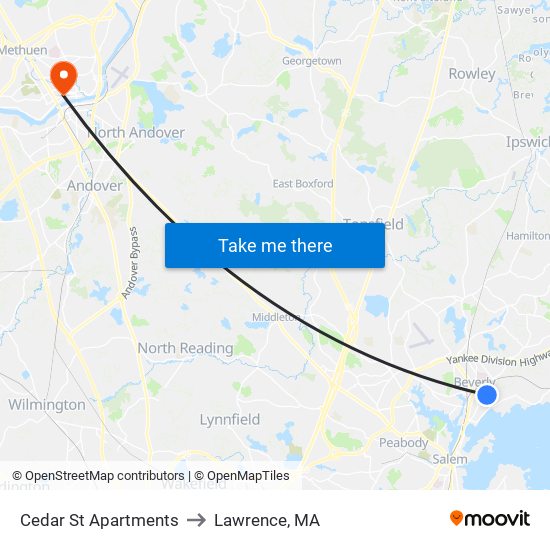 Cedar St Apartments to Lawrence, MA map