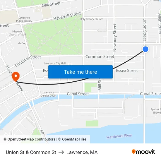Union St & Common St to Lawrence, MA map