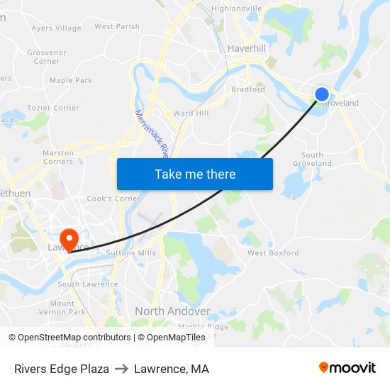 Rivers Edge Plaza to Lawrence, MA map