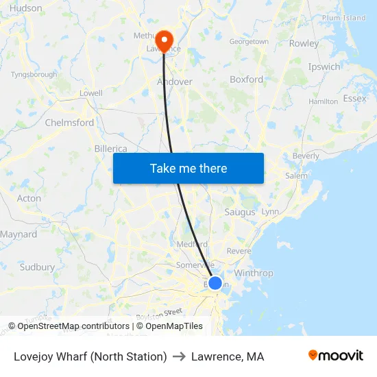 Lovejoy Wharf (North Station) to Lawrence, MA map