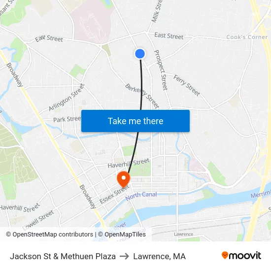 Jackson St & Methuen Plaza to Lawrence, MA map