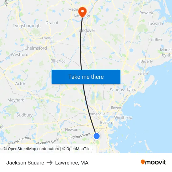 Jackson Square to Lawrence, MA map