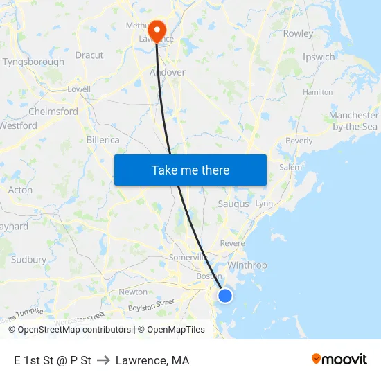 E 1st St @ P St to Lawrence, MA map