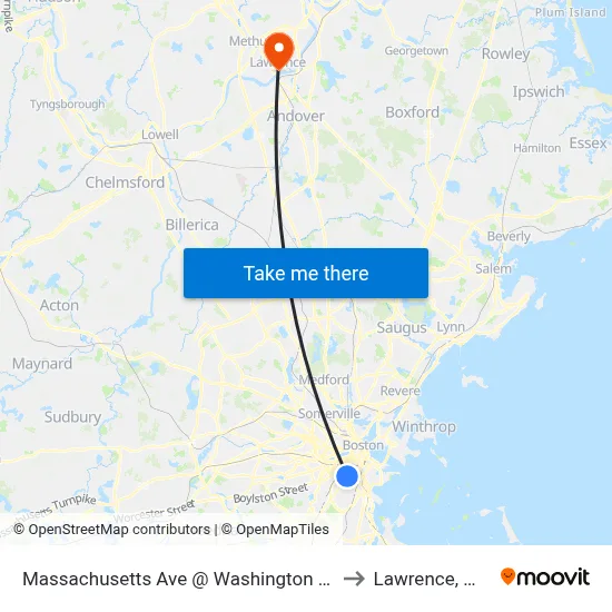 Massachusetts Ave @ Washington St to Lawrence, MA map