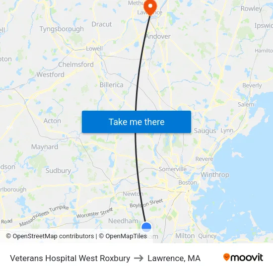 Veterans Hospital West Roxbury to Lawrence, MA map