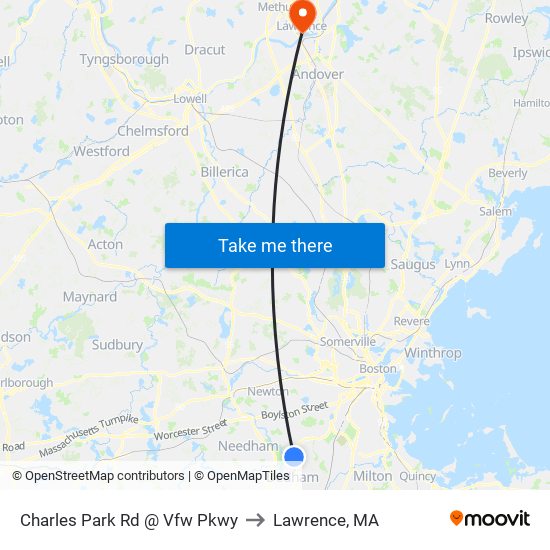 Charles Park Rd @ Vfw Pkwy to Lawrence, MA map