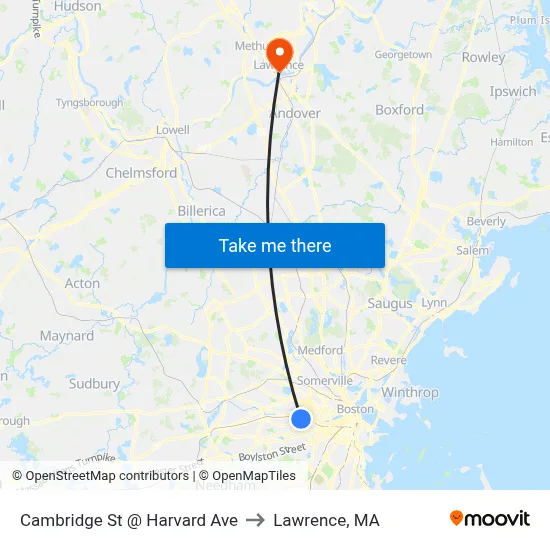 Cambridge St @ Harvard Ave to Lawrence, MA map