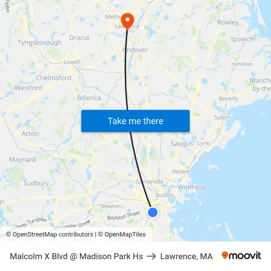 Malcolm X Blvd @ Madison Park Hs to Lawrence, MA map