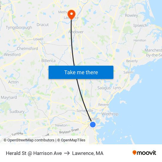 Herald St @ Harrison Ave to Lawrence, MA map