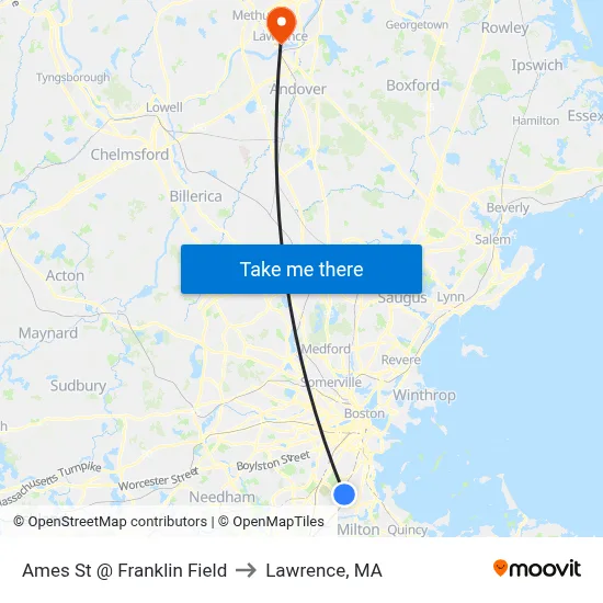 Ames St @ Franklin Field to Lawrence, MA map