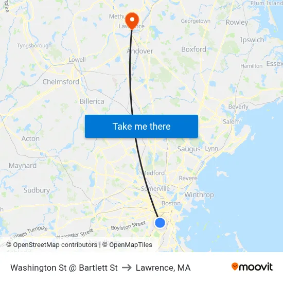 Washington St @ Bartlett St to Lawrence, MA map