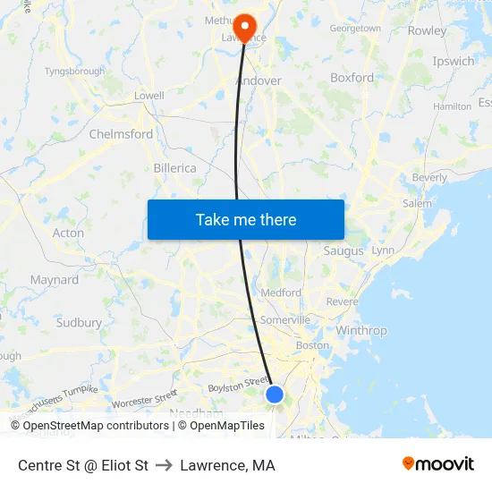 Centre St @ Eliot St to Lawrence, MA map