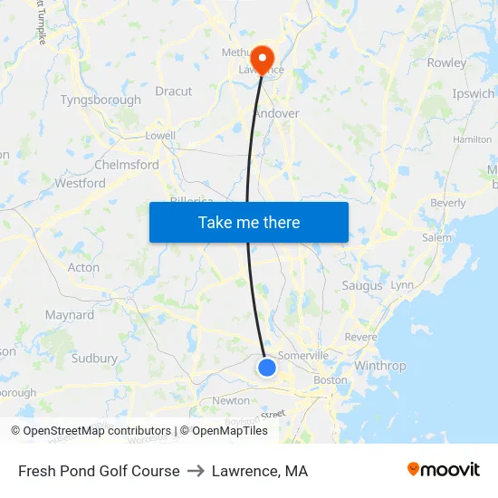 Fresh Pond Golf Course to Lawrence, MA map