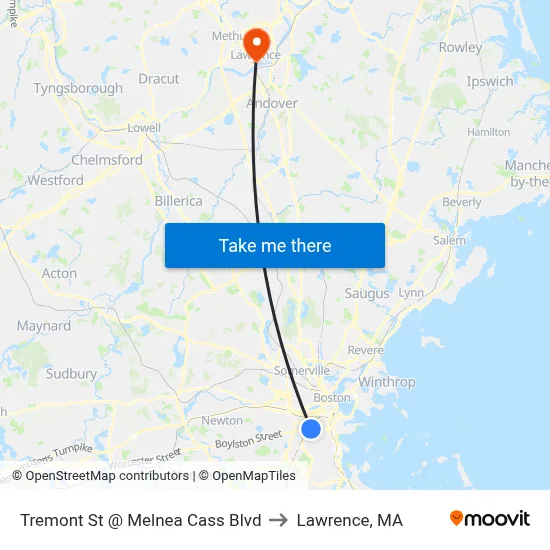 Tremont St @ Melnea Cass Blvd to Lawrence, MA map