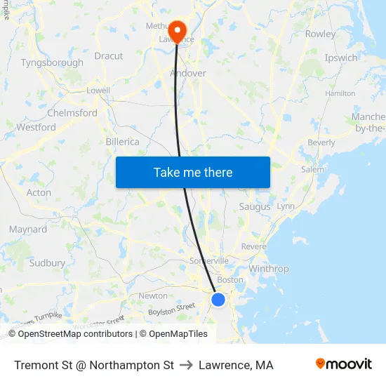 Tremont St @ Northampton St to Lawrence, MA map