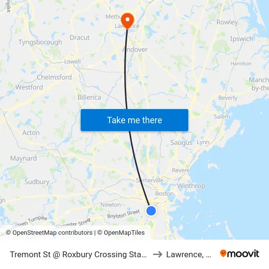 Tremont St @ Roxbury Crossing Station to Lawrence, MA map