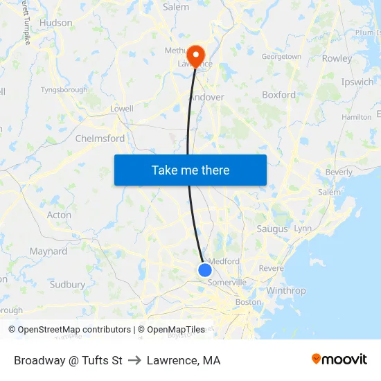 Broadway @ Tufts St to Lawrence, MA map