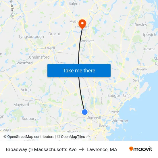Broadway @ Massachusetts Ave to Lawrence, MA map