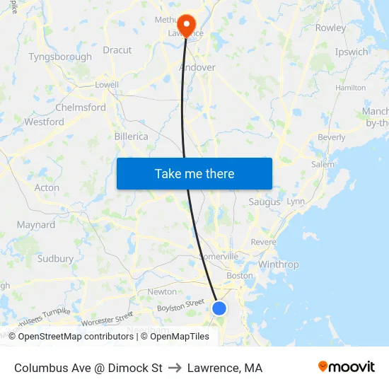 Columbus Ave @ Dimock St to Lawrence, MA map