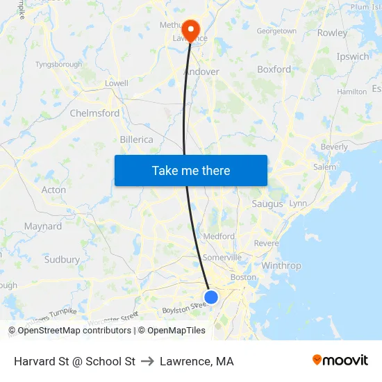 Harvard St @ School St to Lawrence, MA map