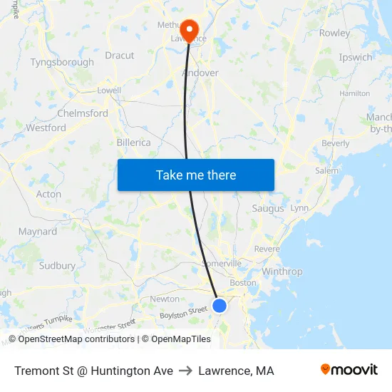 Tremont St @ Huntington Ave to Lawrence, MA map