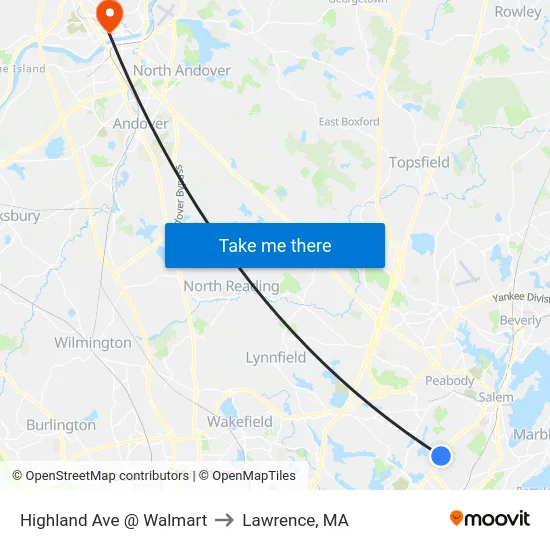 Highland Ave @ Walmart to Lawrence, MA map