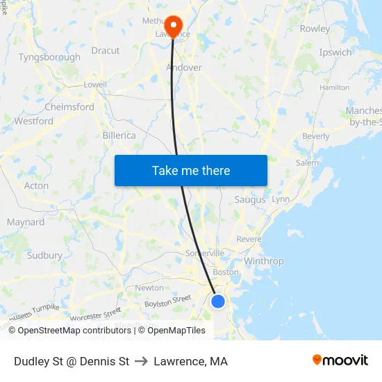 Dudley St @ Dennis St to Lawrence, MA map