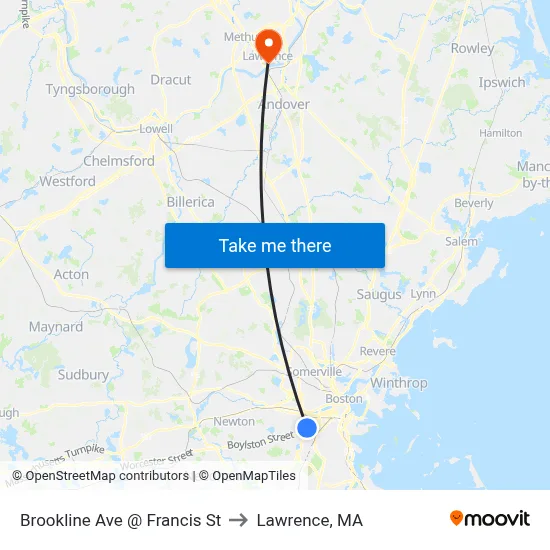 Brookline Ave @ Francis St to Lawrence, MA map