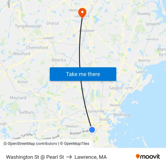 Washington St @ Pearl St to Lawrence, MA map