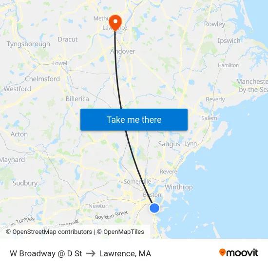 W Broadway @ D St to Lawrence, MA map