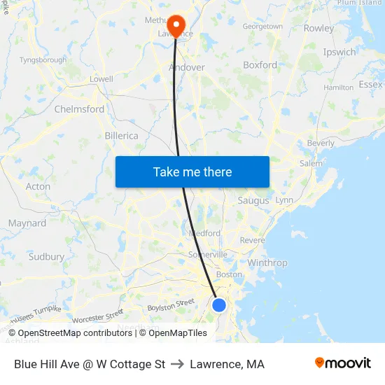 Blue Hill Ave @ W Cottage St to Lawrence, MA map