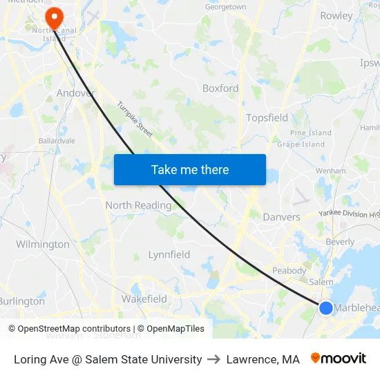 Loring Ave @ Salem State University to Lawrence, MA map