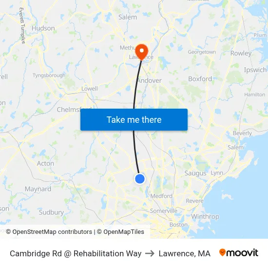 Cambridge Rd @ Rehabilitation Way to Lawrence, MA map