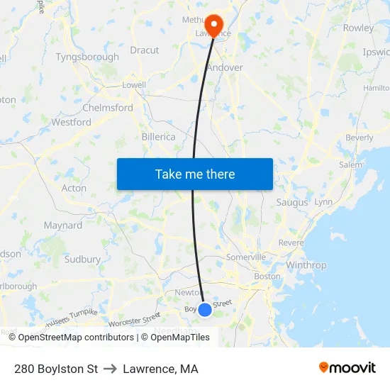 280 Boylston St to Lawrence, MA map