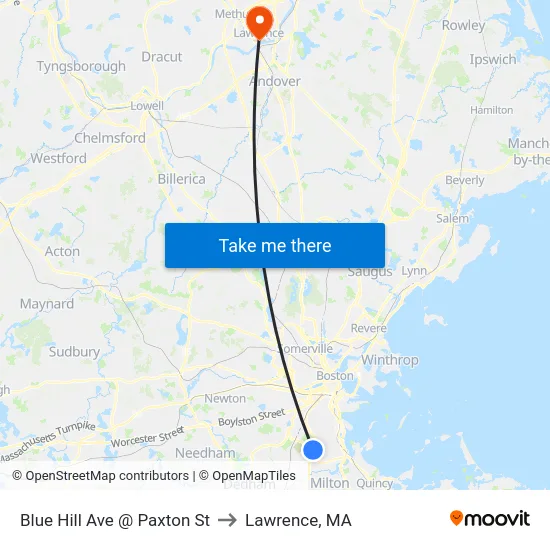 Blue Hill Ave @ Paxton St to Lawrence, MA map