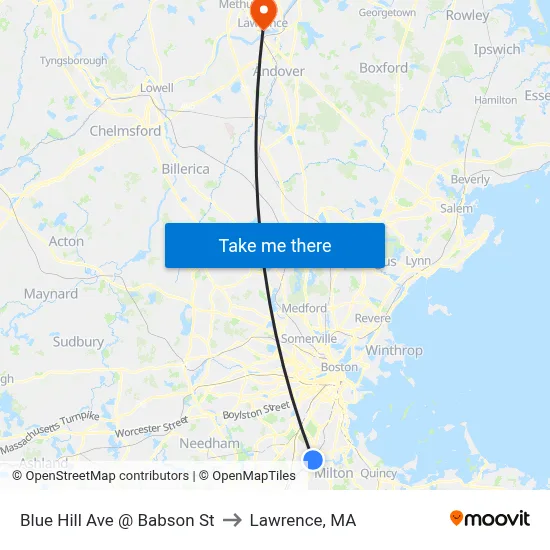 Blue Hill Ave @ Babson St to Lawrence, MA map